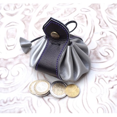 Porte monnaie bourse en cuir souple gris et noir idée cadeau artisanal fait en France